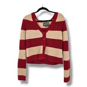 American Eagle Cardigan Sweater M Red Beige Striped Long Sleeve‎ Button Knit